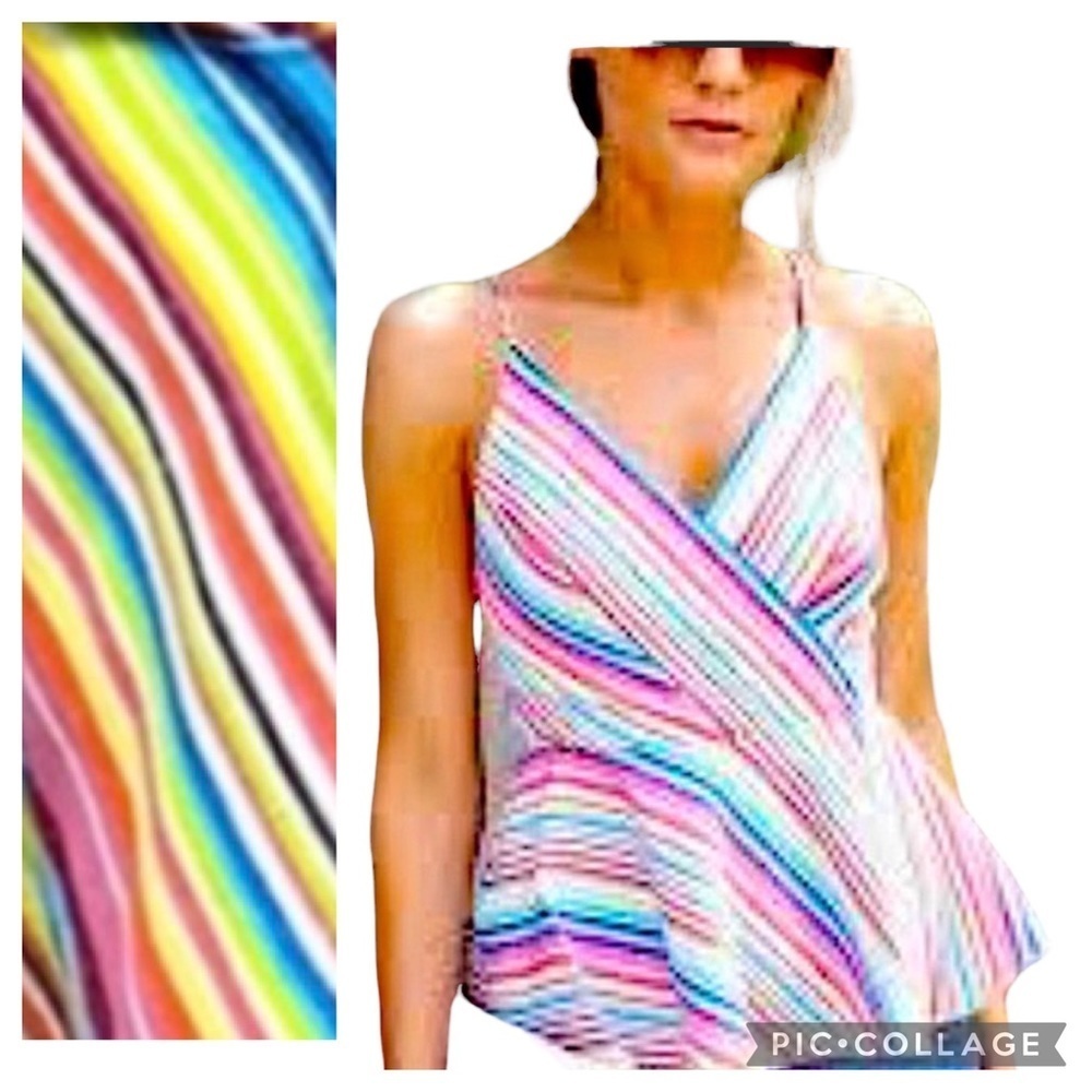 Do + Be Peplum Brilliant Multi Colored Stripes Top